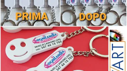 Portachiavi per carrello a forma di faccina personalizzati con logo, prima e dopo la stampa