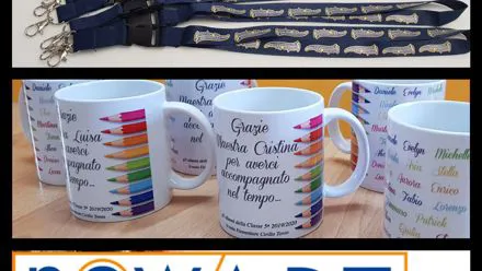 Lanyard e tazze personalizzate con nomi e grafiche colorate