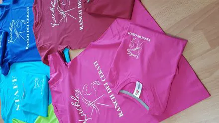 T-shirt tecniche rosa e azzurre con grafica bianca personalizzata